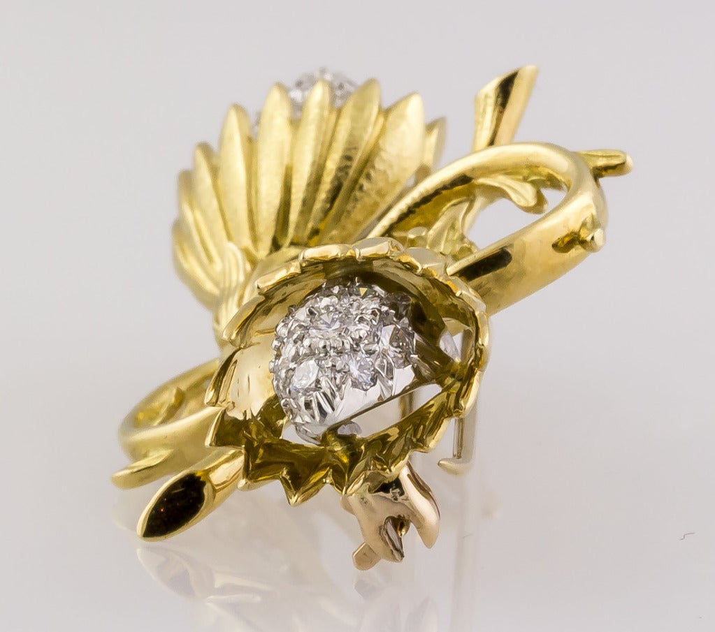 TIFFANY & CO. SCHLUMBERGER Gold & Diamond Twin Buds Brooch Pin 1