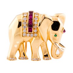 Vintage CARTIER Ruby Diamond Emerald & Gold Elephant Brooch