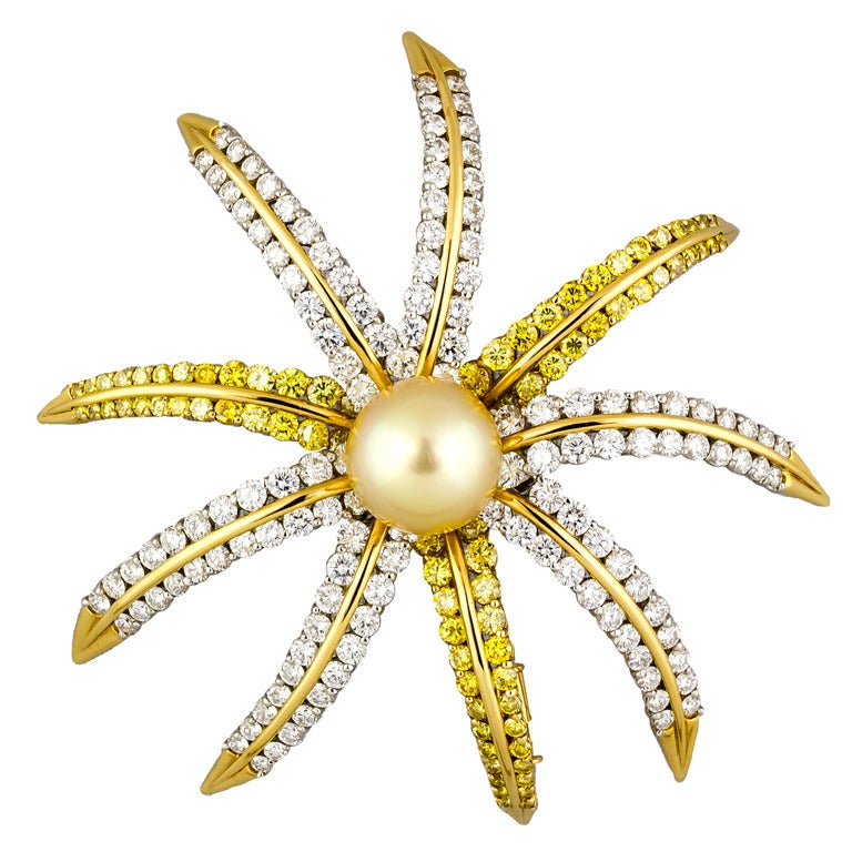 TIFFANY & CO. Yellow Pearl Diamond Gold & Platinum Fireworks Brooch