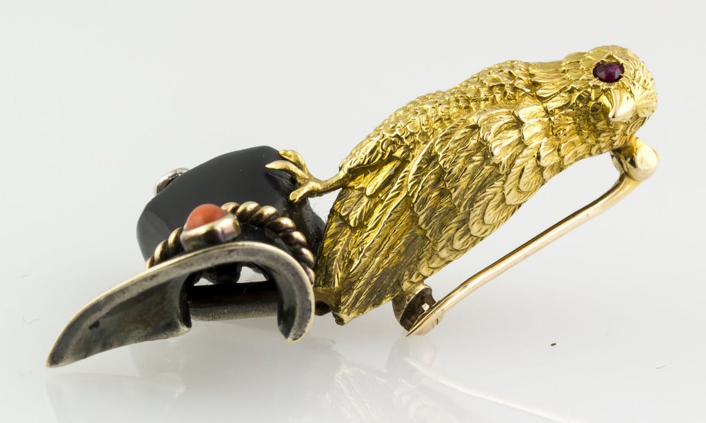 Cartier Paris 1939 Diamond Ruby Coral Gold Falconry Brooch In Excellent Condition In New York, NY