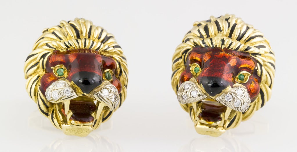 FRASCAROLO Diamond Enamel and Gold Lion Cufflinks