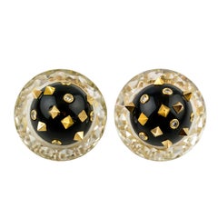 Vintage Angela Kramer Rock Crystal Enamel Diamond Gold Earrings