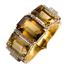 IMPRESSIVE Retro Era Smoky Topaz Diamond Platinum Gold Bangle Bracelet