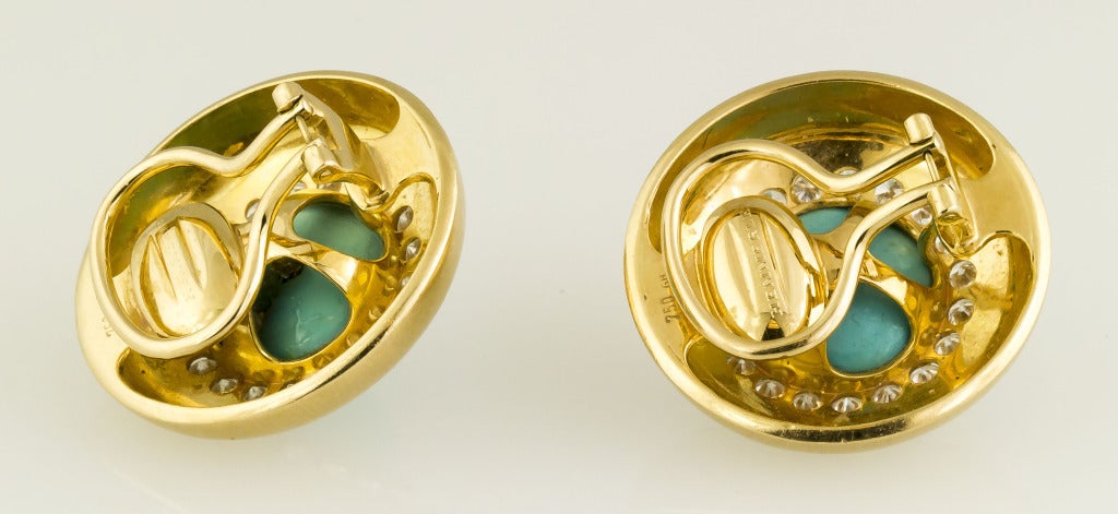 HEMMERLE Turquoise Diamond & Gold Earclips In Excellent Condition In New York, NY
