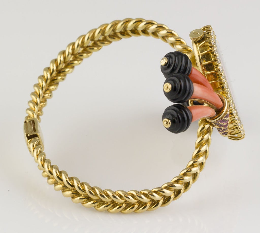 Contemporary MOVADO Coral Onyx Ruby Diamond Gold Bracelet Watch