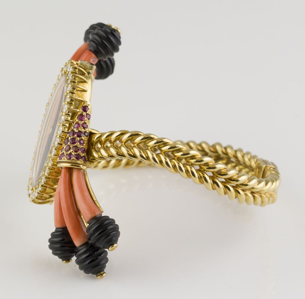 Women's MOVADO Coral Onyx Ruby Diamond Gold Bracelet Watch