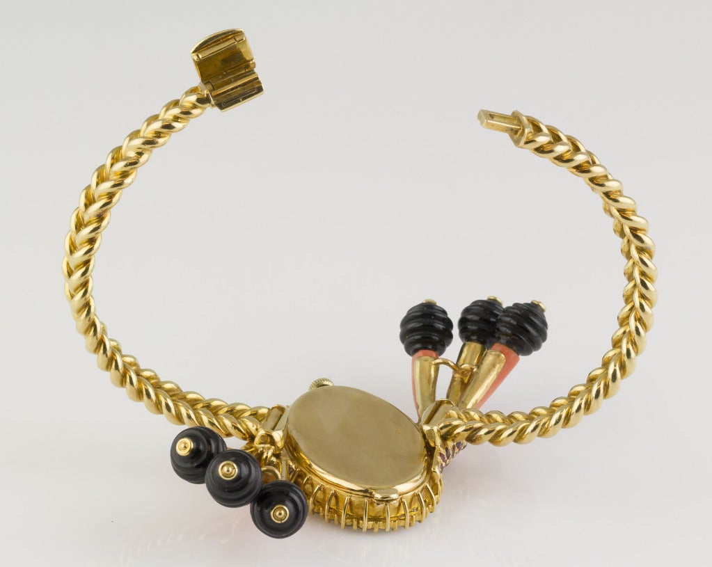MOVADO Coral Onyx Ruby Diamond Gold Bracelet Watch 2