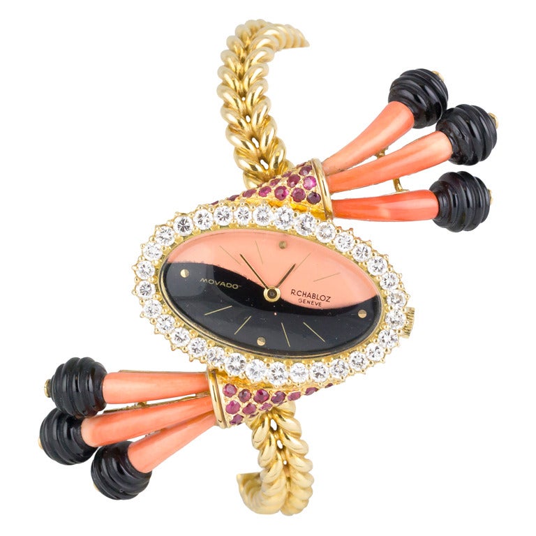 MOVADO Coral Onyx Ruby Diamond Gold Bracelet Watch