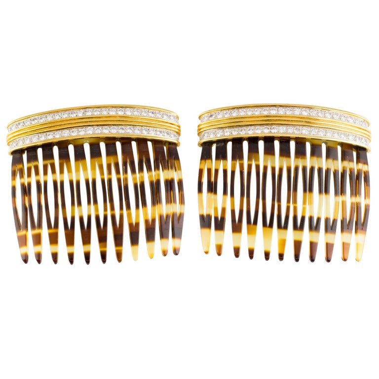 Cartier Two Diamond Gold Platinum Hair Combs