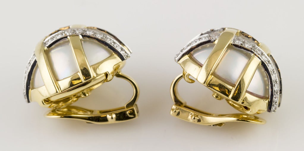 VERDURA Diamond Platinum Gold Mother of Pearl Earrings