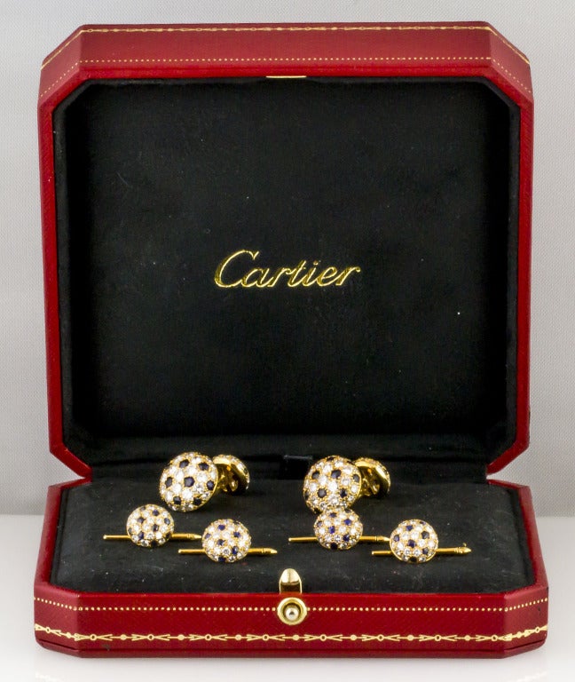 Men's Cartier Panther Sapphire Diamond Gold Cufflinks and Stud Tuxedo Set