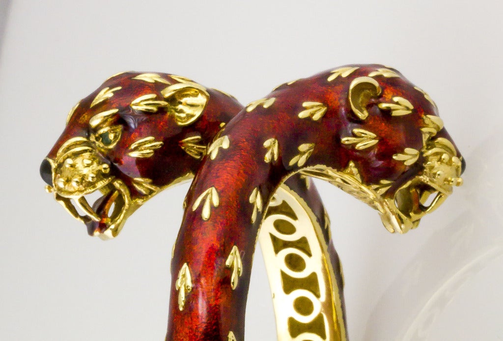 Women's Frascarolo Red Enamel Emerald Eye Gold Double Panther Head Bangle Bracelet