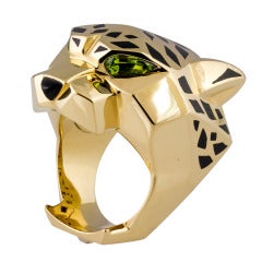 Cartier Panthere Lacquer Onyx Peridot Gold Ring Size 64