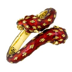 Frascarolo Red Enamel Emerald Eye Gold Double Panther Head Bangle Bracelet