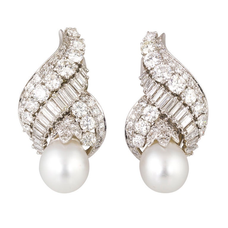 DAVID WEBB Diamond Pearl Platinum Earrings