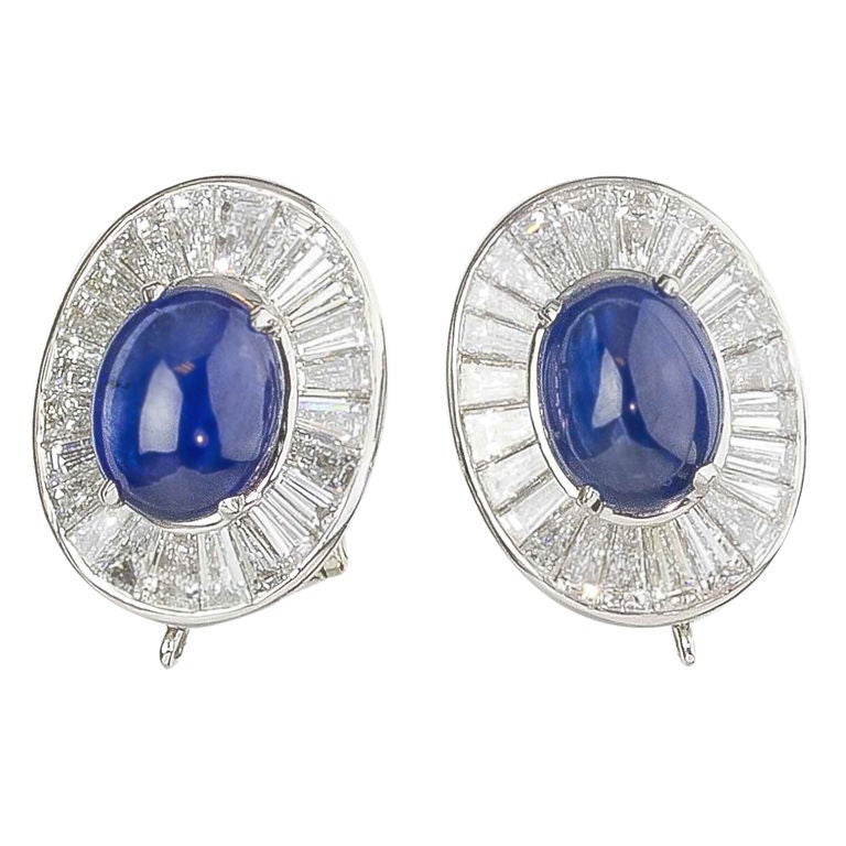 Van Cleef & Arpels Cabochon Sapphire Diamond Platinum Earrings