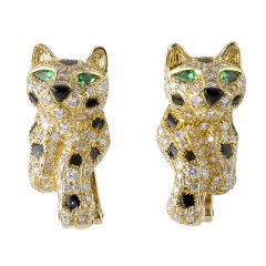 CARTIER PANTHER 18K Gold Onyx Diamond Emerald Earrings