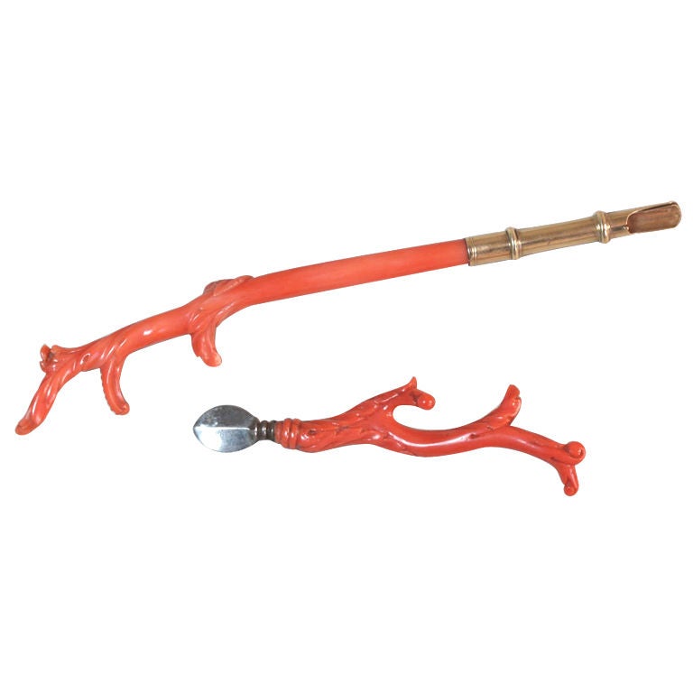 A Carved Coral Penholder and Penknife For Sale