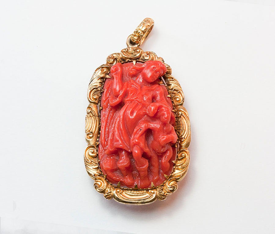 Women's Rare Double Coral Cameo with the Angel Gabriel and Joseph