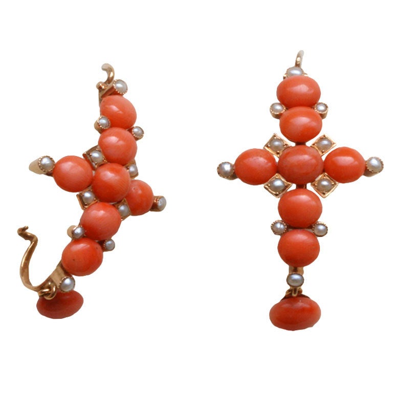 French 19th Century Coral and Pearl Cross Earrings For Sale