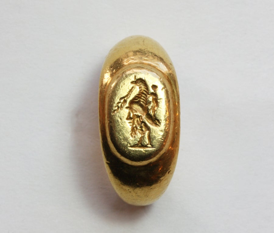 A high carat gold Roman ring with the intaglio of a gryllos.

Grylloi are fantasy creatures that were very popular in ancietn time, like the sfinxes, chimaera, sirenes and griffons that you see on vases and jewelry. the creature in this ring is a