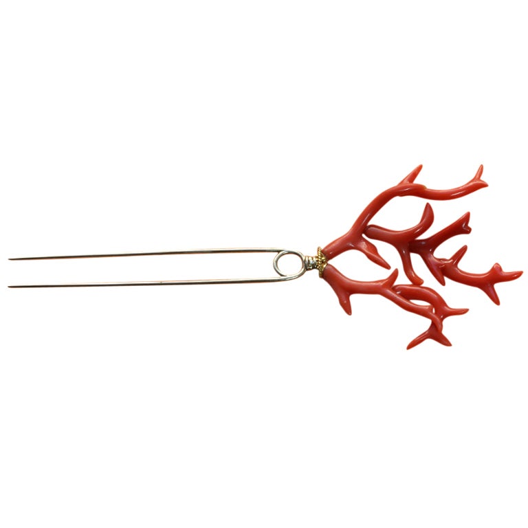 Coral and Gold Hair Pin