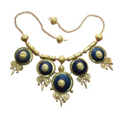 Gold and Blue Glass Neo Etruscan Necklace