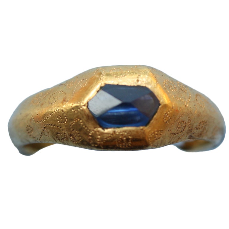 Important Medieval Octahedron Cut Sapphire and Gold Ring