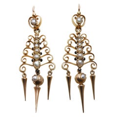 Gold, Pearl and Black Enamel Dangling Earrings