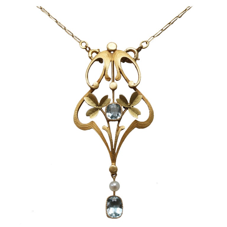 Art Nouveau Aquamarine Pearl and Two Colored Gold Pendant