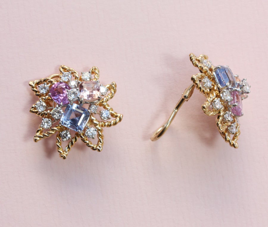 Oscar Heyman Colored Sapphire Diamond Earclips In Excellent Condition In Amsterdam, NL