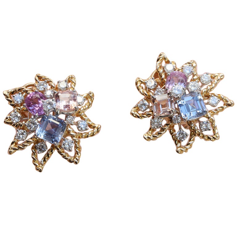 Oscar Heyman Colored Sapphire Diamond Earclips at 1stdibs