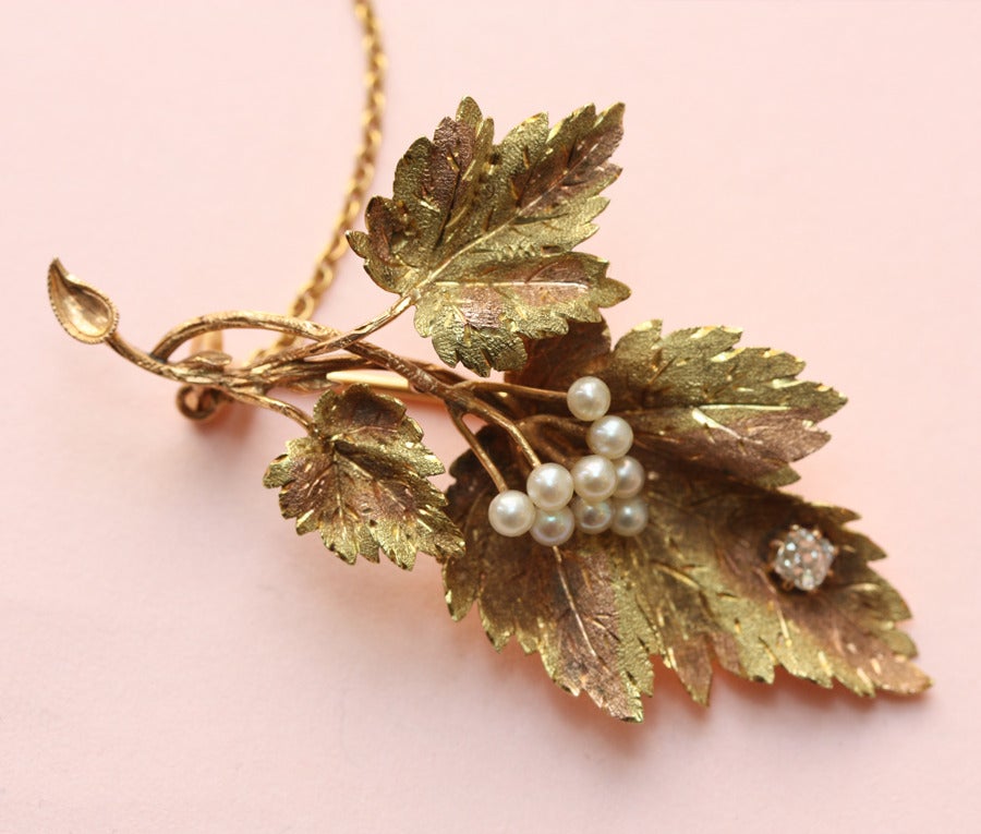 Two Colored Gold Vine Brooch with Pearls and Diamonds