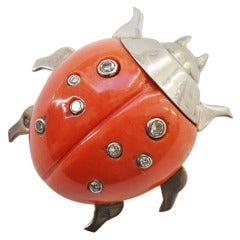 Vintage French Coral and Diamond White Gold Ladybird Clip Brooch