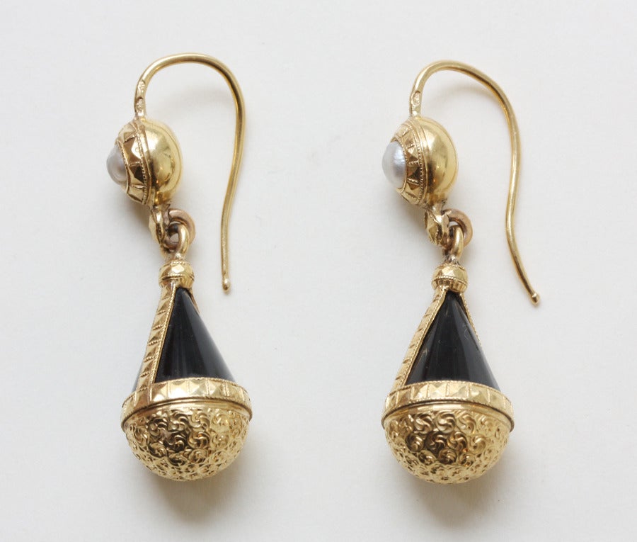 Victorian Onyx, Pearl and Gold Earrings