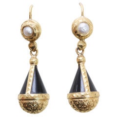 Antique Onyx, Pearl and Gold Earrings