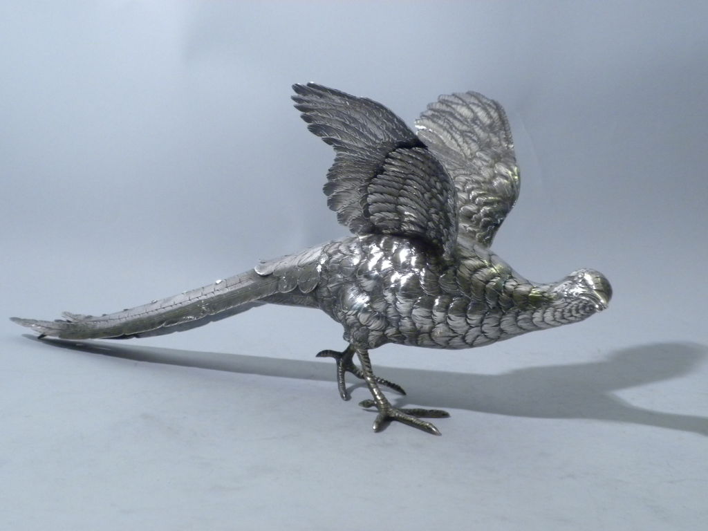 Antique Silver Figural Pheasants, German, Circa 1900