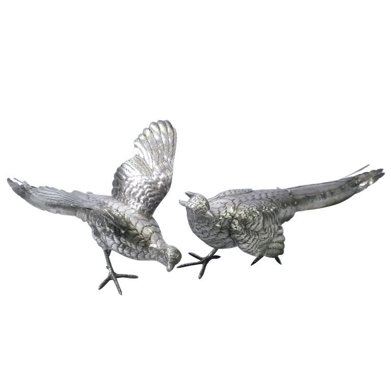 Antique Silver Figural Pheasants, German, Circa 1900