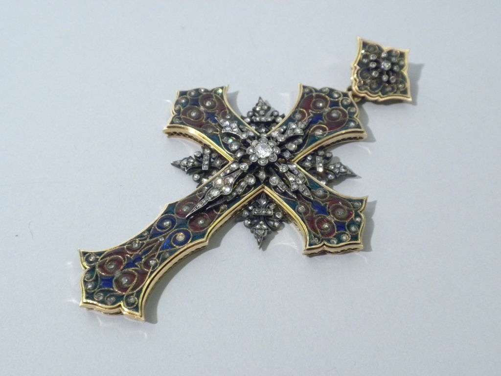 Art Nouveau Antique Diamond Basse Taille Enamel and Gold Cross
