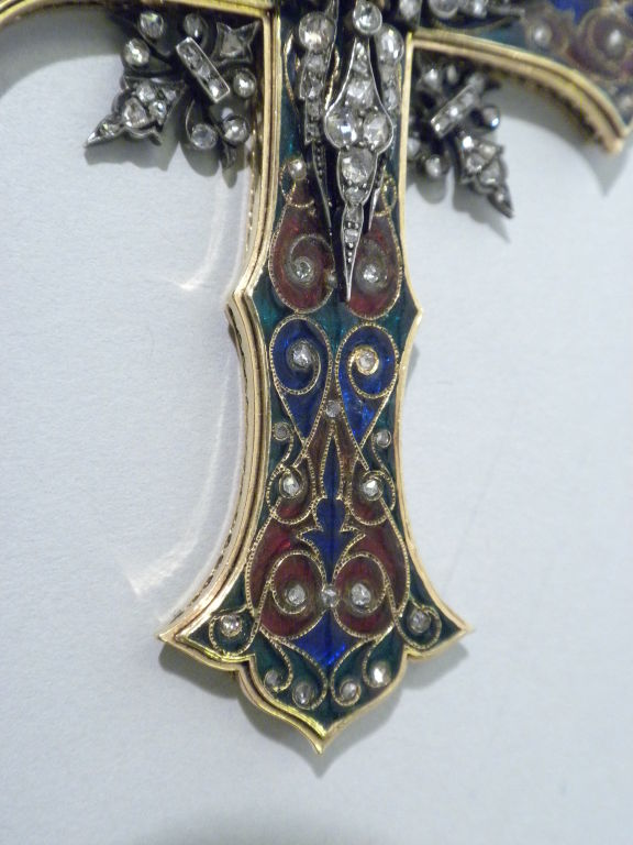 Women's Antique Diamond Basse Taille Enamel and Gold Cross