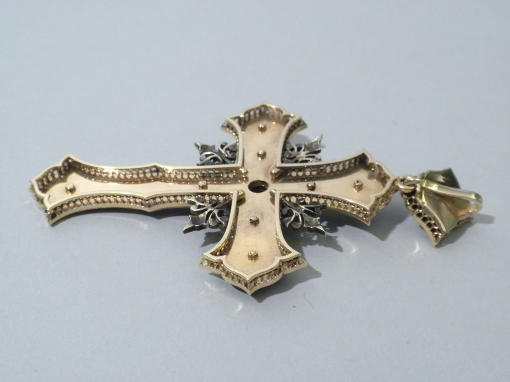 Antique Diamond Basse Taille Enamel and Gold Cross 2