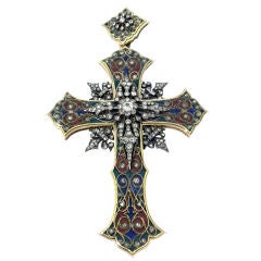 Antique Diamond Basse Taille Enamel and Gold Cross