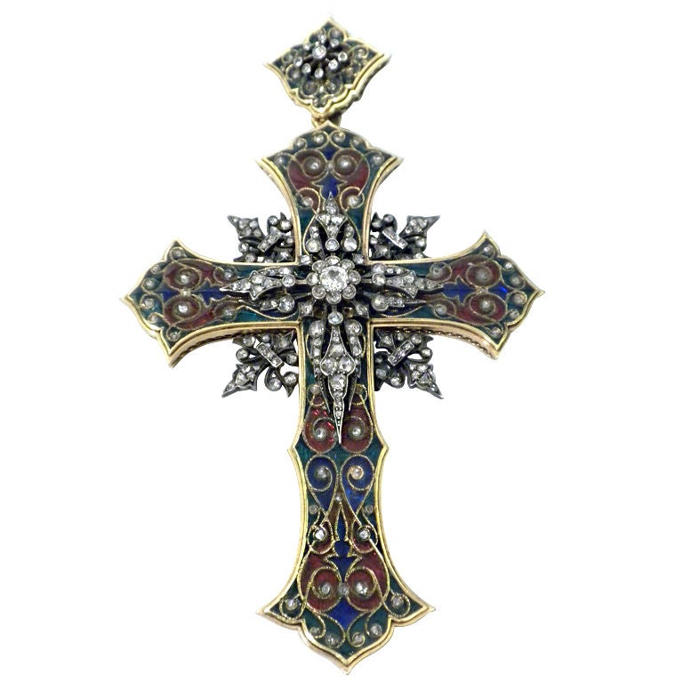 Antique Diamond Basse Taille Enamel and Gold Cross