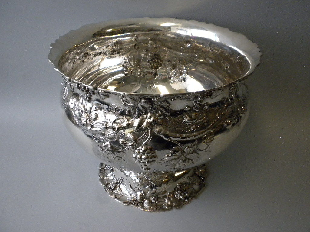 This magnificent punch bowl by Reed and Barton of Taunton, Mass. was made circa 1900.    The bowl is fully marked with Reed and Barton’s maker’s mark, sterling standard mark, pattern #270A and a French touchmark indicating that at some point, the