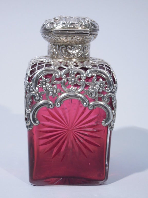 Victorian Perfume Bottle - English Sterling and Ruby Glass - 1894 In Excellent Condition In New York, NY