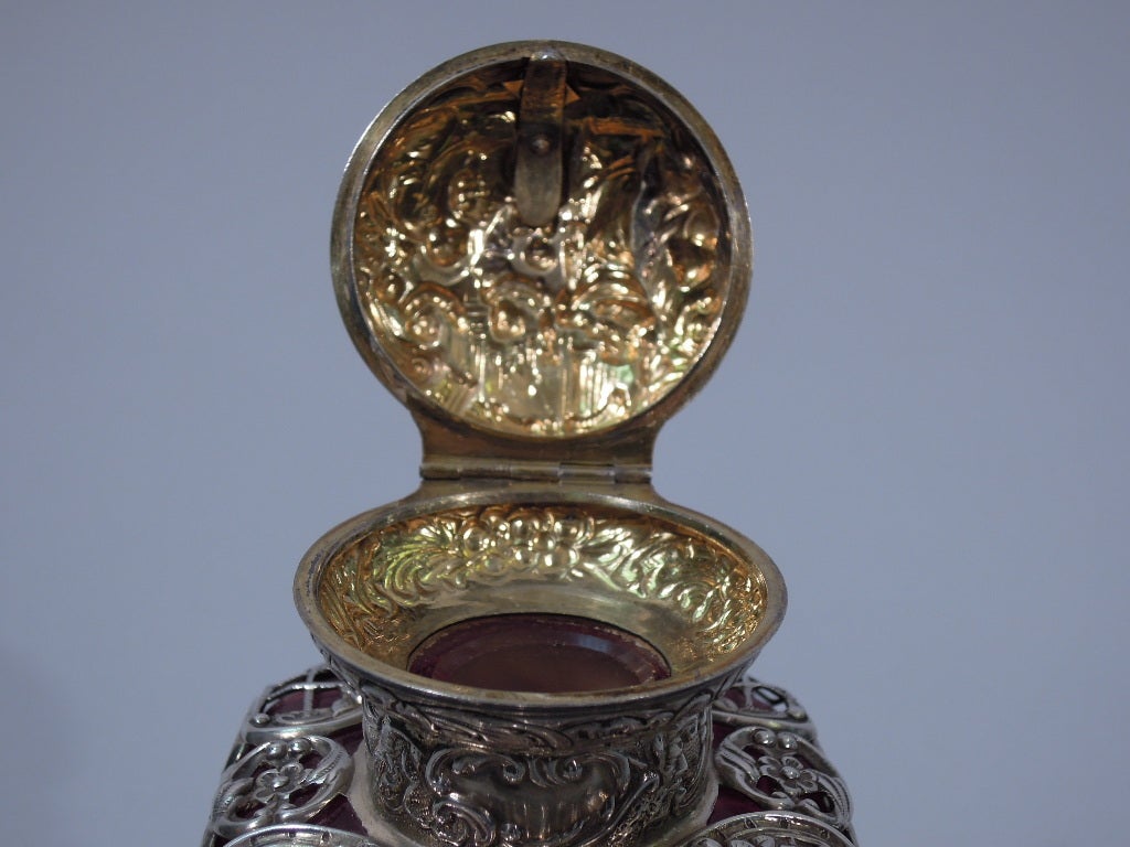 Victorian Perfume Bottle - English Sterling and Ruby Glass - 1894 1