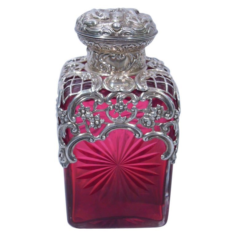 Victorian Perfume Bottle - English Sterling and Ruby Glass - 1894