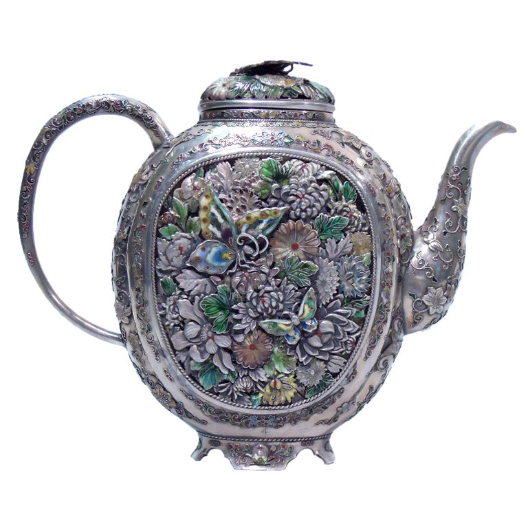 Finest Japanese Silver And Enamel Tea Pot Meiji Period at 1stdibs