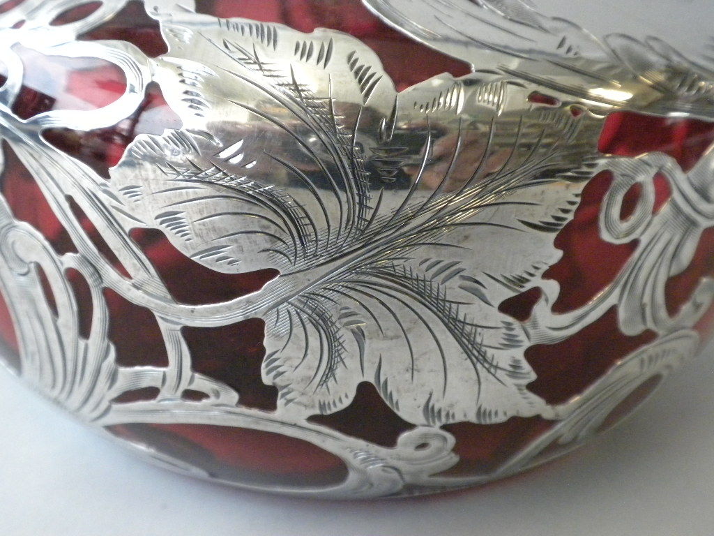 American Sterling Silver Cranberry Glass Overlay Decanter