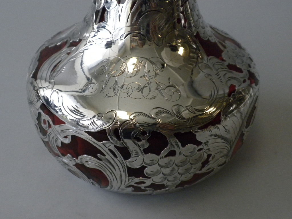  Sterling Silver Cranberry Glass Overlay Decanter In Excellent Condition In New York, NY
